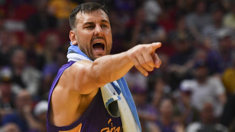 Impassioned: Andrew Bogut gets vocal on the sidelines at Qudos Bank Arena in Sydney.