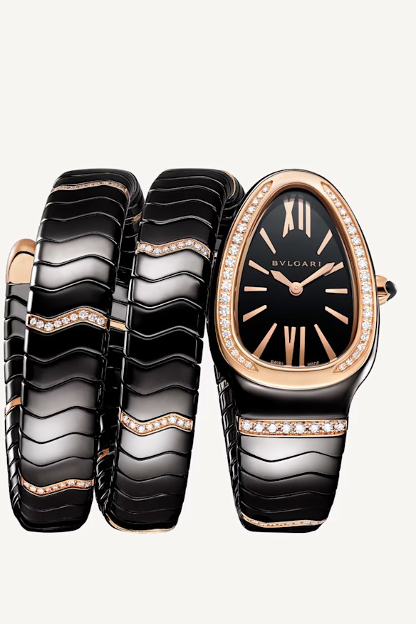 Abi has plenty of time for her Bulgari “Serpenti” ceramic watch.