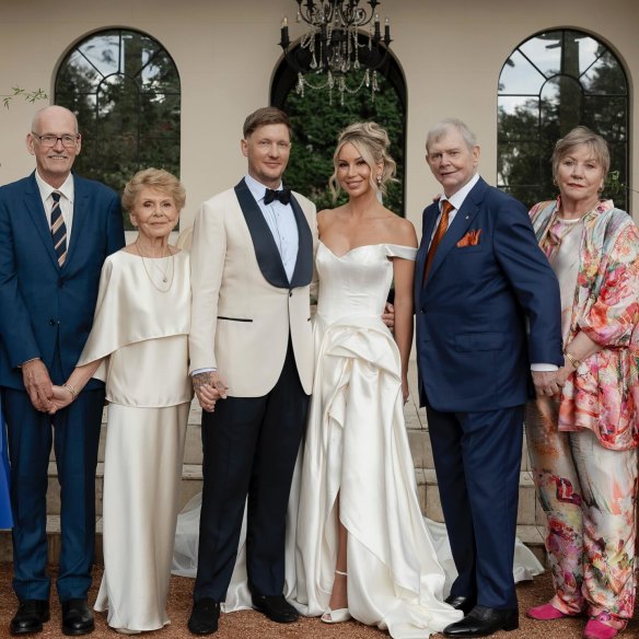 John Farnham (second from right) at his son Rob’s wedding in June, having survived cancer surgery.