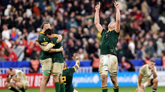 Pieter-Steph Du Toit of South Africa celebrates after the final whistle.