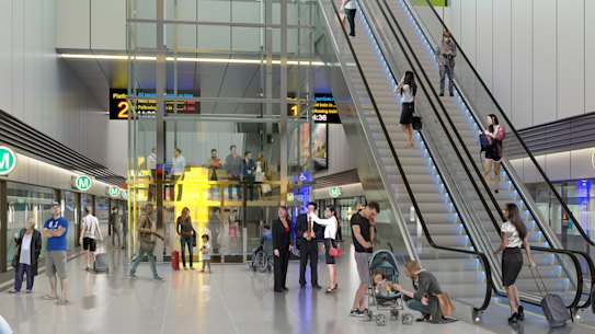 An artist's impression of one of the six stations to be built on the metro rail line to Western Sydney Airport.