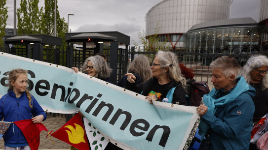 Swiss women demonstrate outside the European Court of Human Rights on Tuesday.