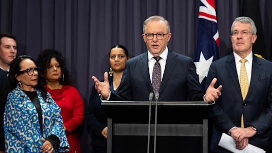 Minister for Indigenous Australians Linda Burney, Prime Minister Anthony Albanese and Attorney-General Mark Dreyfus  during a press conference at Parliament House in Canberra 