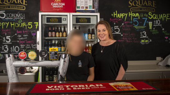 Renee Ferguson, right, working at the Golden Square Hotel in Bendigo in 2020.