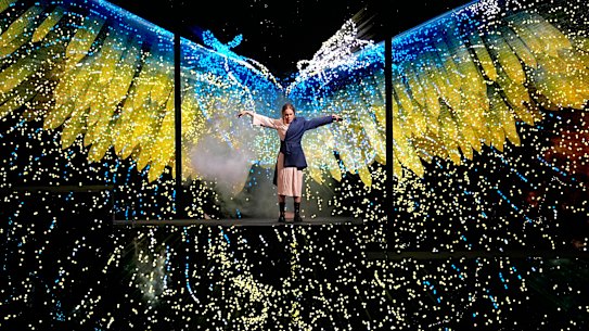 Alyosha from Ukraine performs the interval entertainment during the first semi-final.