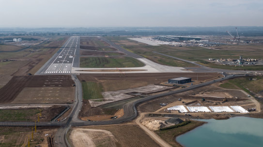 Western Sydney Airport, pictured in August 2024, is taking shape and due to open to passenger services in 2026.