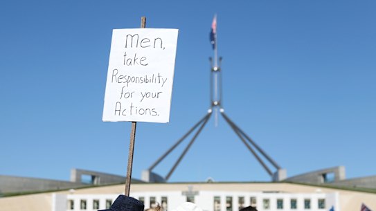 Signs at the March 4 Justice at Parliament House in Canberra on  March 15.