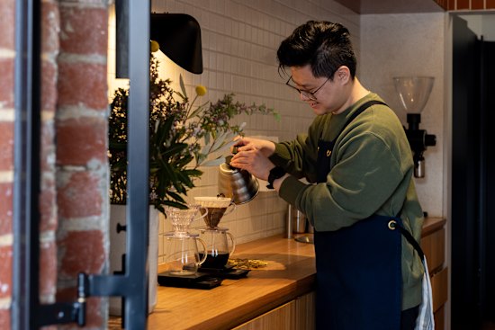 Freshly brewed coffee at Market Lane’s Queen Street location at Queen Victoria Market.