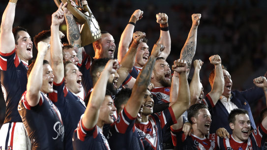 The Roosters celebrate the 2019 grand final win.