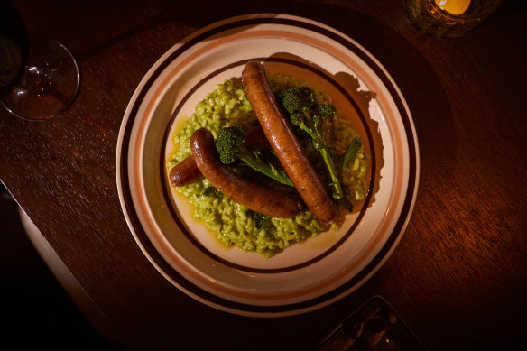 Broccolini and parsley risotto with duck sausage.
