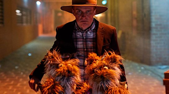 Andrew Hansen as Barnaby Joyce with dogs Pistol and Boo in the musical comedy series Australian Epic. 