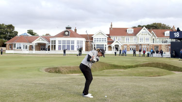 Ashleigh Buhai plays her third shot on the 18th at Muirfield.