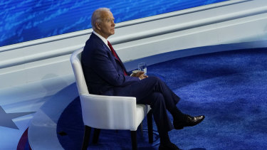 Democratic presidential candidate Joe Biden at a town hall with moderator ABC News anchor George Stephanopoulos at the National Constitution Centre in Philadelphia.