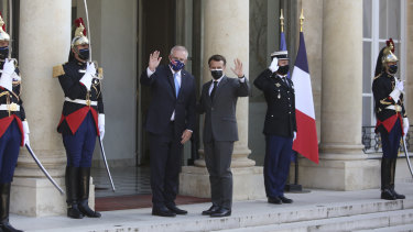 French President Emmanuel Macron and Australian Prime Minister Scott Morrison ahead of a working dinner in Paris.