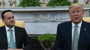 US President Donald Trump speaks during a meeting with Irish Prime Minister Leo Varadkar in the Oval Office.