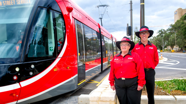 Canberra Metro customer service officers Joanne Meeuwissen and Garry Starling ahead of the planned launch of the light rail on April 20.