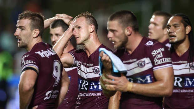 Daly Cherry-Evans and the Sea Eagles react during their 40-point loss to the Panthers. The gap between the competition’s haves and have-nots only appears to be widening. 