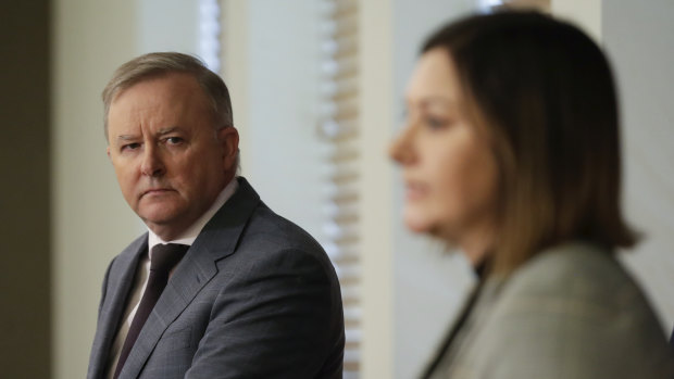 Opposition Leader Anthony Albanese in Canberra on Friday with prospective Eden Monaro candidate Kristy McBain.