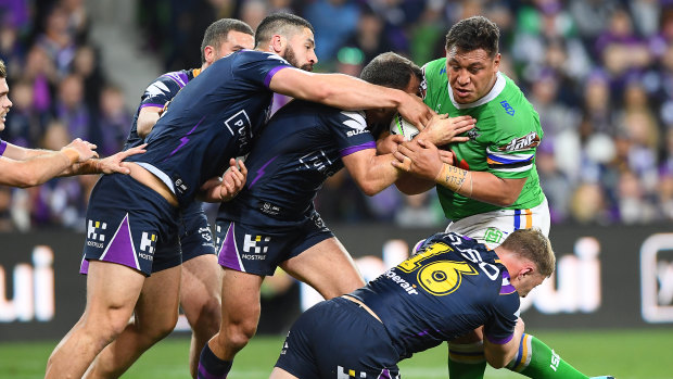 One-man crew: Papalii appears to take on the entire Storm team in the qualifying final.