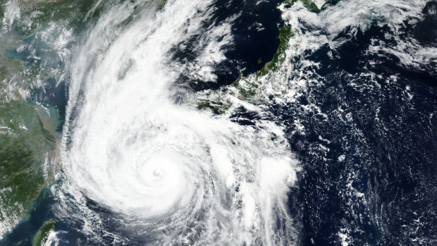 A satellite image shows Typhoon Haishen barreling towards the main southwestern island of Kyushu on Sunday.