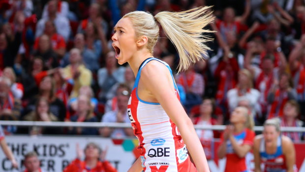 Helen Housby fires up after scoring a goal for the Swifts against the Firebirds on Saturday.