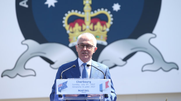 Prime Minister Malcolm Turnbull speaks during a visit to Naval Group Submarine Ship yard in Cherbourg in 2017.