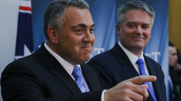 Then Treasurer Joe Hockey and Finance Minister Mathias Cormann during the Budget lock-up in 2015.
