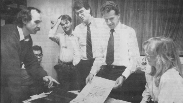 Some of the Sunday Age 1989 team. From left, sports editor Geoff Slattery, designer Chong Wang-Ho, chief sub Brian Diamond, deputy editor Bruce Guthrie, editor Steve Harris and features editor Janne Apelgren.