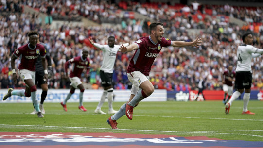 John McGinn after scoring Aston Villa's second goal against Derby County at Wembley on Monday.