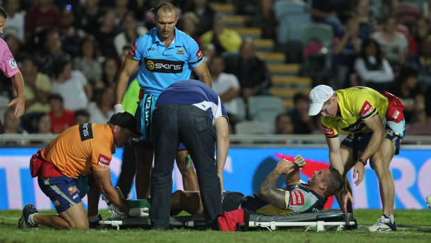 Tariq Sims breaks his leg while playing against Penrith for the Cowboys in 2011.