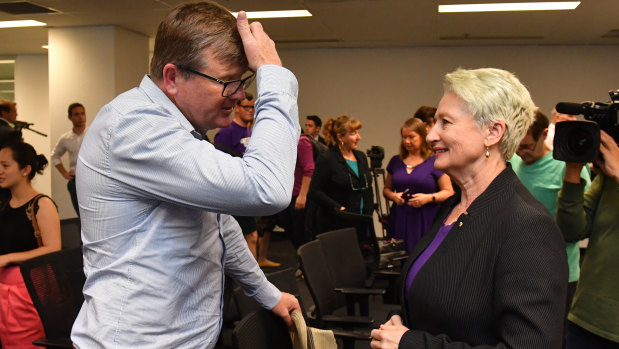 Labor candidate for Wentworth Tim Murray speaks to Independent candidate for Wentworth Kerryn Phelps following the random draw for positions on the ballot paper. 