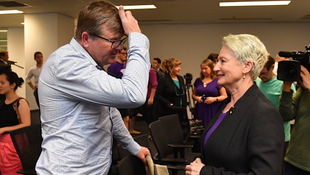 Labor candidate for Wentworth Tim Murray speaks to Independent candidate for Wentworth Kerryn Phelps following the random draw for positions on the ballot paper. 