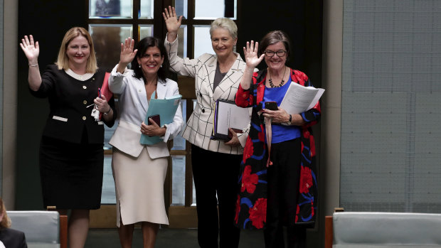 Crossbench MPs Rebekha Sharkie, Julia Banks, Kerryn Phelps and Cathy McGowan exit the chamber.