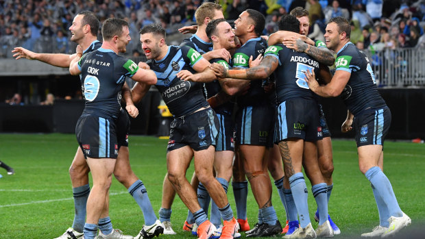 Blues players celebrate the try of Josh Addo-Carr during Game 2 of the 2019 State of Origin series.