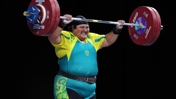 Charisma Amoe Tarrant performs a clean and jerk during the women’s 87+kg final on day six of the Birmingham Commonwealth Games