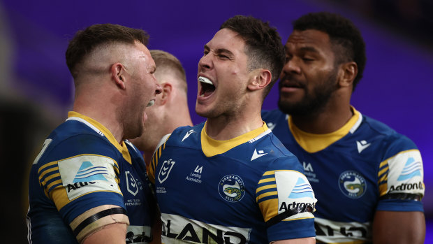 Mitchell Moses screams to Eels fans after scoring at Bankwest Stadium.