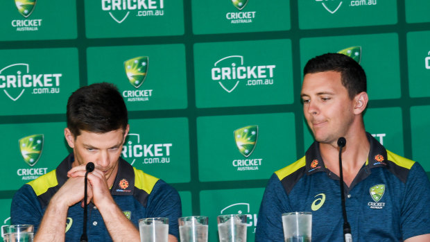 Heralding a post-ball-tampering era: Captain Tim Paine (left) and vice-captain Josh Hazlewood at Cricket Australia on Monday, where they announced the players' pact.