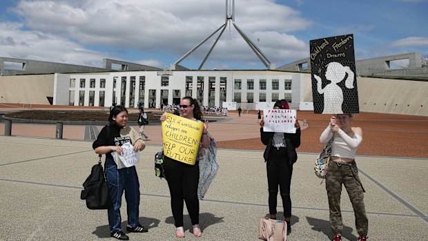 Protesters in support of Nauru refugees outside Parliament House on Tuesday. 