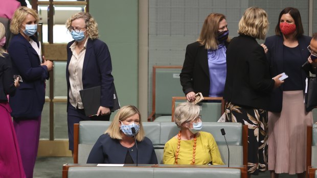 Liberal MP Bridget Archer (left) and crossbencher Helen Haines after a division to allow debate on an integrity commission bill.