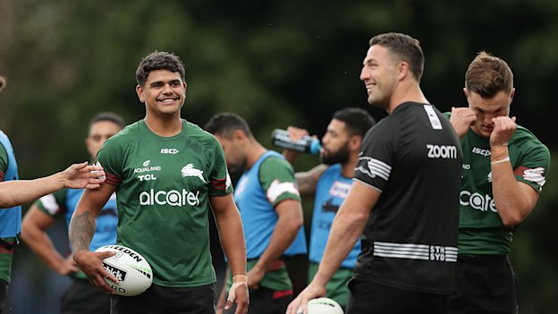 Latrell Mitchell and Sam Burgess at training during a happier time early in the season last year.