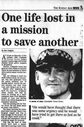 <i>The Sunday Age</i> reports on the death of Trevor Given on December 23, 1990.