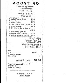 Receipt for lunch at Agostino with Amanda Elliott.