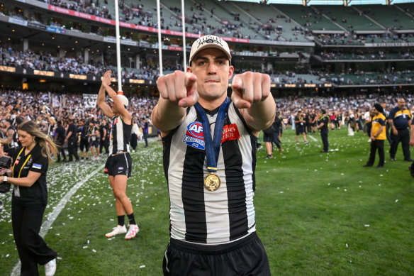 Brayden Maynard enjoys the Pies’ win.