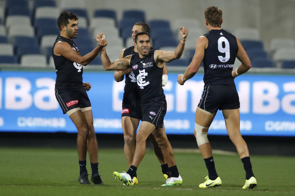 Eddie Betts celebrates a goal during Carlton's thrilling win over Geelong.