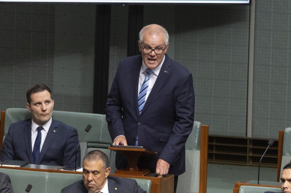 Former prime minister Scott Morrison speaks in parliament on the censure motion.