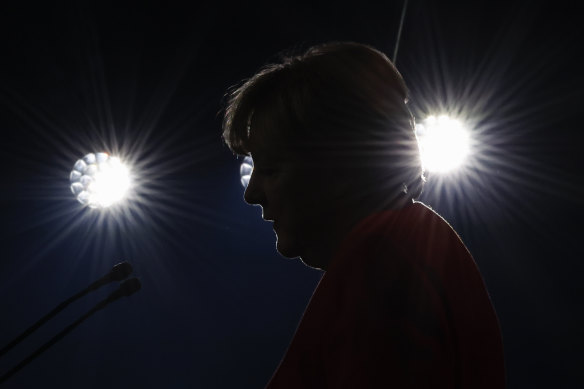 Angela Merkel speaks as she receives the UNHCR Nansen Refugee Award for protecting refugees at the height of the Syria crisis, during a ceremony in Geneva, Switzerland, last month.