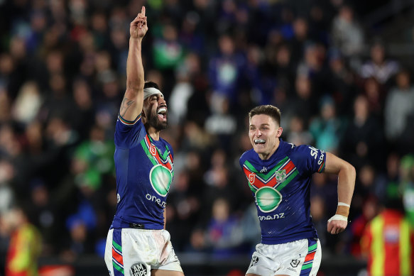 The evergreen Shaun Johnson celebrates his winning field goal against Canberra last week.