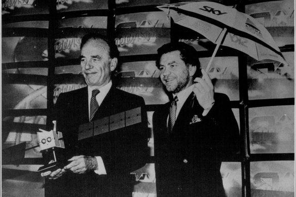 Rupert Murdoch and Alan Sugar at the launch of Sky UK in 1988. Sugar was at the time a major supplier of satellite reception dishes.