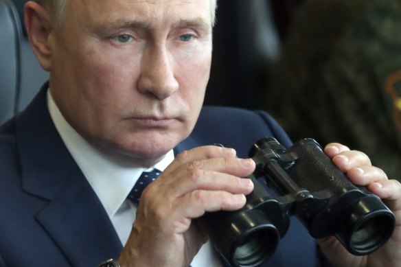 Russian President Vladimir Putin watches a joint strategic exercise of the Russian and Belarus armed forces at the Mulino training ground, Nizhny Novgorod region, Russia, in September.