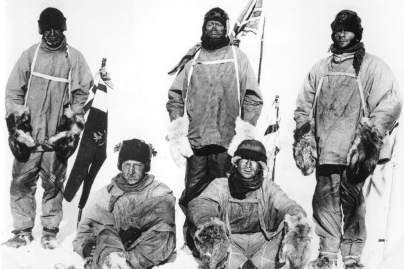 (L-R) Capt Lawrence (Titus) Oates, Capt Robert Falcon Scott, PO Edgar Evans and seated (L-R) Lt Henry (Birdie) Bowers, Dr Edward Adrian Wilson are seen at the South Pole in January 1912